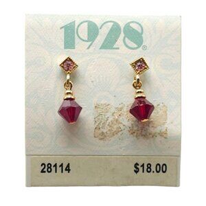 1929 Collection Red Glass Crystal Dangle Drop Earring Gold Tone Vintage NOS